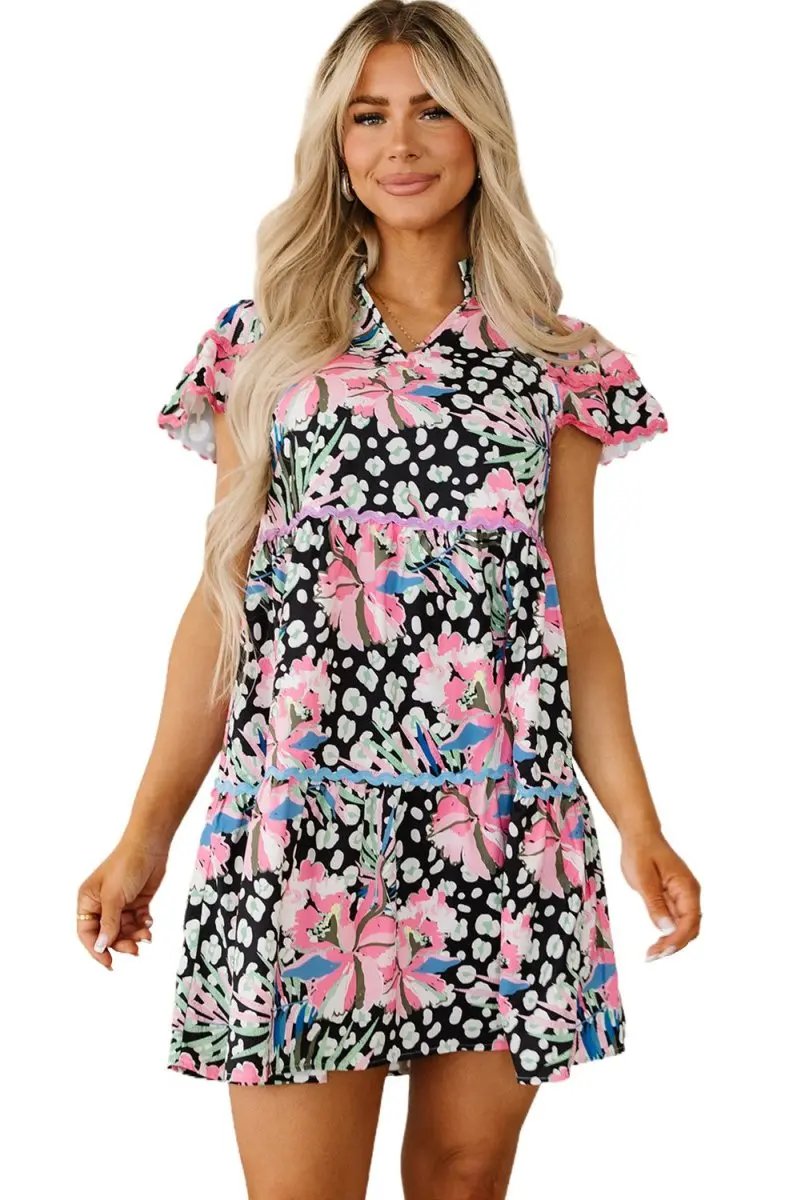 Pink Floral Ricrac Embellished Tiered Mini Dress for Women - Love Salve